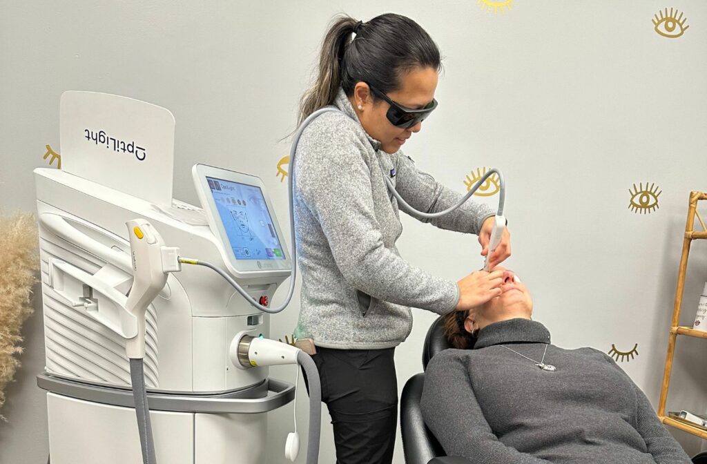 A person receiving an IPL treatment to address their dry eye and aesthetic concerns.